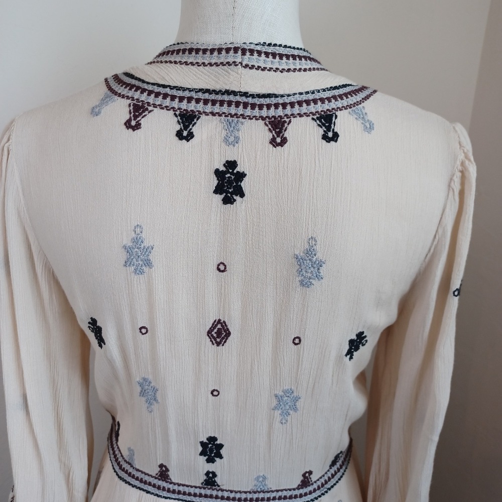 Free People Embroidered Gauze Mini Dress Cream Boho V-Neck Long Sleeve Womens M - Picture 5 of 14